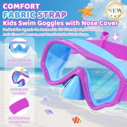 Kids Swim Goggles with Nose Cover, Fabric Strap Swim Mask No Leak 3-14 | Swimming Goggles Toddler Boys Girls Youth Anti Fog UV Protection Clear View Liquid Silicone Diving Mask Underwater Pool Beach - Kids (1)