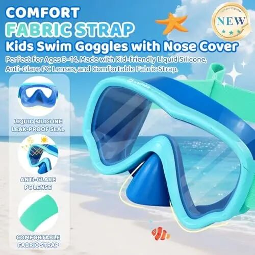 Kids Swim Goggles with Nose Cover, Fabric Strap Swim Mask No Leak 3-14 | Swimming Goggles Toddler Boys Girls Youth Anti Fog UV Protection Clear View Liquid Silicone Diving Mask Underwater Pool Beach - Kids (1)