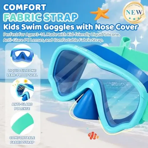 Kids Swim Goggles with Nose Cover, Fabric Strap Swim Mask No Leak 3-14 | Swimming Goggles Toddler Boys Girls Youth Anti Fog UV Protection Clear View Liquid Silicone Diving Mask Underwater Pool Beach - 2