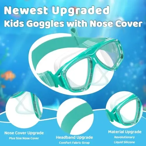 Kids Swim Goggles with Nose Cover, Fabric Strap Swim Mask No Leak 3-14 | Swimming Goggles Toddler Boys Girls Youth Anti Fog UV Protection Clear View Liquid Silicone Diving Mask Underwater Pool Beach - Kids (1)