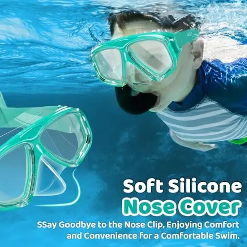 Kids Swim Goggles with Nose Cover, Fabric Strap Swim Mask No Leak 3-14 | Swimming Goggles Toddler Boys Girls Youth Anti Fog UV Protection Clear View Liquid Silicone Diving Mask Underwater Pool Beach - 3