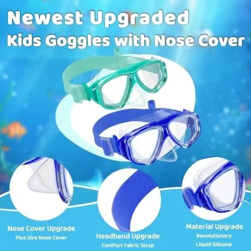 Kids Swim Goggles with Nose Cover, Fabric Strap Swim Mask No Leak 3-14 | Swimming Goggles Toddler Boys Girls Youth Anti Fog UV Protection Clear View Liquid Silicone Diving Mask Underwater Pool Beach - Kids (1)