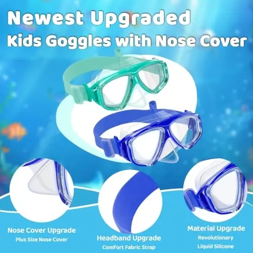 Kids Swim Goggles with Nose Cover, Fabric Strap Swim Mask No Leak 3-14 | Swimming Goggles Toddler Boys Girls Youth Anti Fog UV Protection Clear View Liquid Silicone Diving Mask Underwater Pool Beach - 2