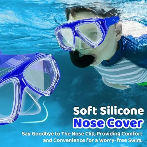 Kids Swim Goggles with Nose Cover, Fabric Strap Swim Mask No Leak 3-14 | Swimming Goggles Toddler Boys Girls Youth Anti Fog UV Protection Clear View Liquid Silicone Diving Mask Underwater Pool Beach - 3