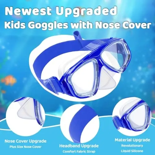 Kids Swim Goggles with Nose Cover, Fabric Strap Swim Mask No Leak 3-14 | Swimming Goggles Toddler Boys Girls Youth Anti Fog UV Protection Clear View Liquid Silicone Diving Mask Underwater Pool Beach - 2