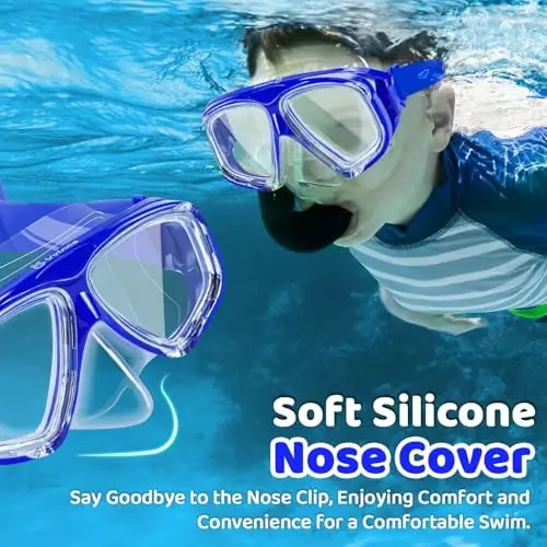 Kids Swim Goggles with Nose Cover, Fabric Strap Swim Mask No Leak 3-14 | Swimming Goggles Toddler Boys Girls Youth Anti Fog UV Protection Clear View Liquid Silicone Diving Mask Underwater Pool Beach - 3