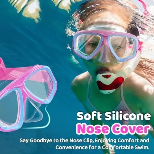 Kids Swim Goggles with Nose Cover, Fabric Strap Swim Mask No Leak 3-14 | Swimming Goggles Toddler Boys Girls Youth Anti Fog UV Protection Clear View Liquid Silicone Diving Mask Underwater Pool Beach - Kids (1)