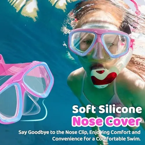 Kids Swim Goggles with Nose Cover, Fabric Strap Swim Mask No Leak 3-14 | Swimming Goggles Toddler Boys Girls Youth Anti Fog UV Protection Clear View Liquid Silicone Diving Mask Underwater Pool Beach - 2