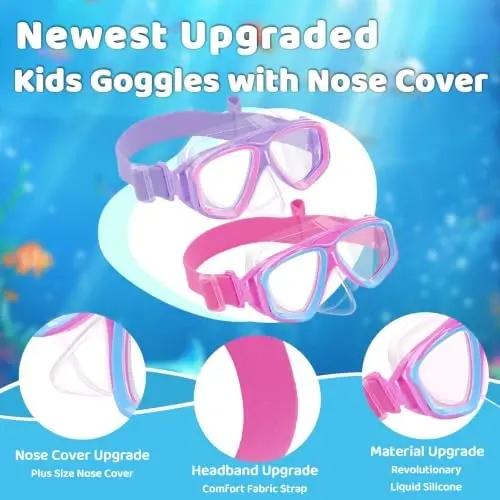 Kids Swim Goggles with Nose Cover, Fabric Strap Swim Mask No Leak 3-14 | Swimming Goggles Toddler Boys Girls Youth Anti Fog UV Protection Clear View Liquid Silicone Diving Mask Underwater Pool Beach - 3