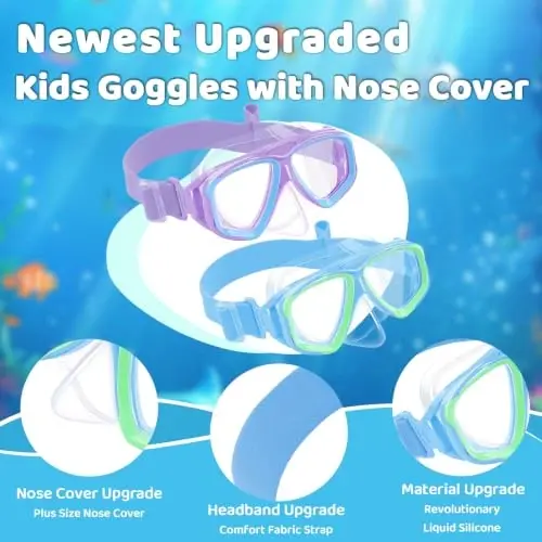 Kids Swim Goggles with Nose Cover, Fabric Strap Swim Mask No Leak 3-14 | Swimming Goggles Toddler Boys Girls Youth Anti Fog UV Protection Clear View Liquid Silicone Diving Mask Underwater Pool Beach - Kids (1)
