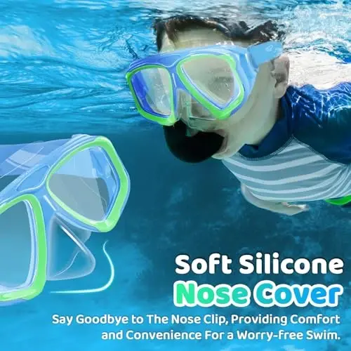 Kids Swim Goggles with Nose Cover, Fabric Strap Swim Mask No Leak 3-14 | Swimming Goggles Toddler Boys Girls Youth Anti Fog UV Protection Clear View Liquid Silicone Diving Mask Underwater Pool Beach - 3