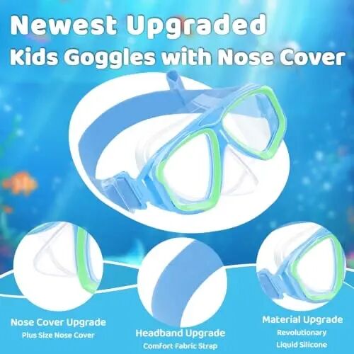 Kids Swim Goggles with Nose Cover, Fabric Strap Swim Mask No Leak 3-14 | Swimming Goggles Toddler Boys Girls Youth Anti Fog UV Protection Clear View Liquid Silicone Diving Mask Underwater Pool Beach - Kids (1)
