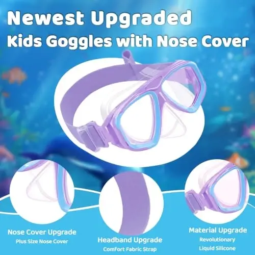 Kids Swim Goggles with Nose Cover, Fabric Strap Swim Mask No Leak 3-14 | Swimming Goggles Toddler Boys Girls Youth Anti Fog UV Protection Clear View Liquid Silicone Diving Mask Underwater Pool Beach - Kids (1)