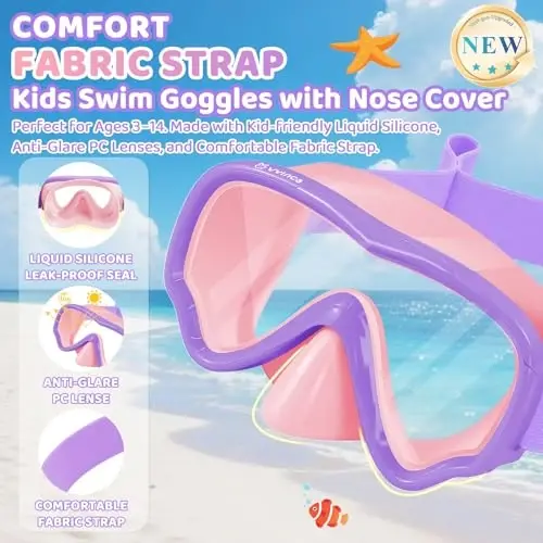 Kids Swim Goggles with Nose Cover, Fabric Strap Swim Mask No Leak 3-14 | Swimming Goggles Toddler Boys Girls Youth Anti Fog UV Protection Clear View Liquid Silicone Diving Mask Underwater Pool Beach - Kids (1)