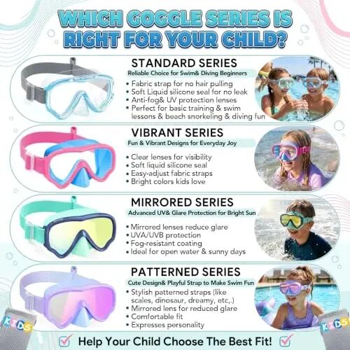Kids Swim Goggles with Nose Cover, Fabric Strap Swim Mask No Leak 3-14 | Swimming Goggles Toddler Boys Girls Youth Anti Fog UV Protection Clear View Liquid Silicone Diving Mask Underwater Pool Beach - Kids (1)