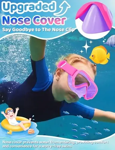 Kids Swim Goggles with Nose Cover, Fabric Strap Swim Mask No Leak 3-14 | Swimming Goggles Toddler Boys Girls Youth Anti Fog UV Protection Clear View Liquid Silicone Diving Mask Underwater Pool Beach - 3