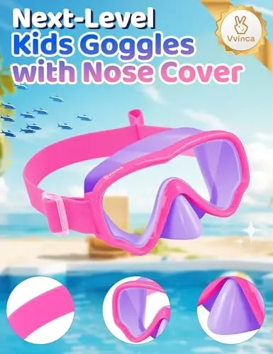 Kids Swim Goggles with Nose Cover, Fabric Strap Swim Mask No Leak 3-14 | Swimming Goggles Toddler Boys Girls Youth Anti Fog UV Protection Clear View Liquid Silicone Diving Mask Underwater Pool Beach - 4