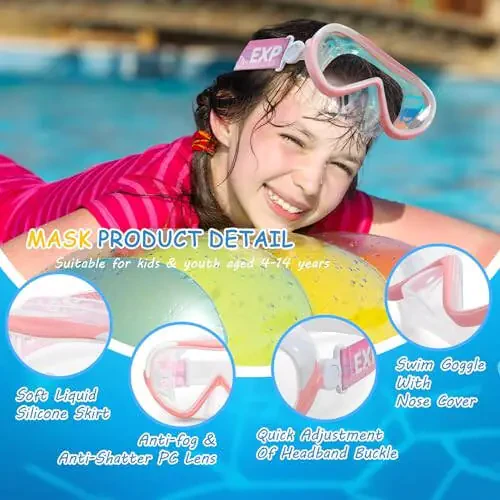 Kids Swim Mask - Ultimate 180° Kids Swim Goggles Anti-Fog Child Diving Mask Leak-Proof Kids Goggles with Nose Cover and Fabric Strap for Ages 4-14 for Swimming, Snorkeling Diving - 3