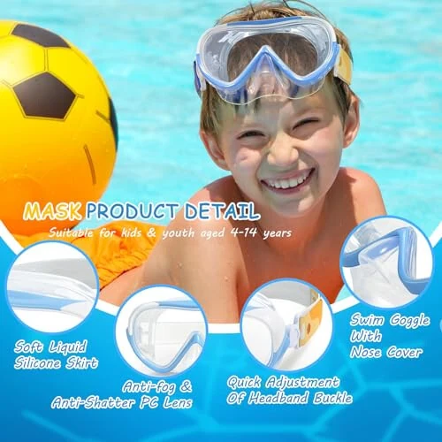 Kids Swim Mask - Ultimate 180° Kids Swim Goggles Anti-Fog Child Diving Mask Leak-Proof Kids Goggles with Nose Cover and Fabric Strap for Ages 4-14 for Swimming, Snorkeling Diving - 4