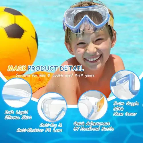 Kids Swim Mask - Ultimate 180° Kids Swim Goggles Anti-Fog Child Diving Mask Leak-Proof Kids Goggles with Nose Cover and Fabric Strap for Ages 4-14 for Swimming, Snorkeling Diving - 4