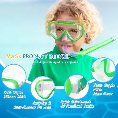 Kids Swim Mask - Ultimate 180° Kids Swim Goggles Anti-Fog Child Diving Mask Leak-Proof Kids Goggles with Nose Cover and Fabric Strap for Ages 4-14 for Swimming, Snorkeling Diving - 3