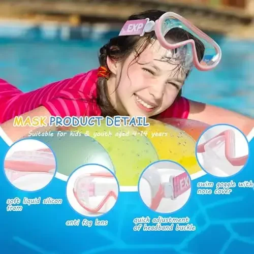 Kids Swim Mask - Ultimate 180° Kids Swim Goggles Anti-Fog Child Diving Mask Leak-Proof Kids Goggles with Nose Cover and Fabric Strap for Ages 4-14 for Swimming, Snorkeling Diving - 4