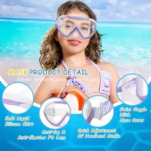 Kids Swim Mask - Ultimate 180° Kids Swim Goggles Anti-Fog Child Diving Mask Leak-Proof Kids Goggles with Nose Cover and Fabric Strap for Ages 4-14 for Swimming, Snorkeling Diving - 3