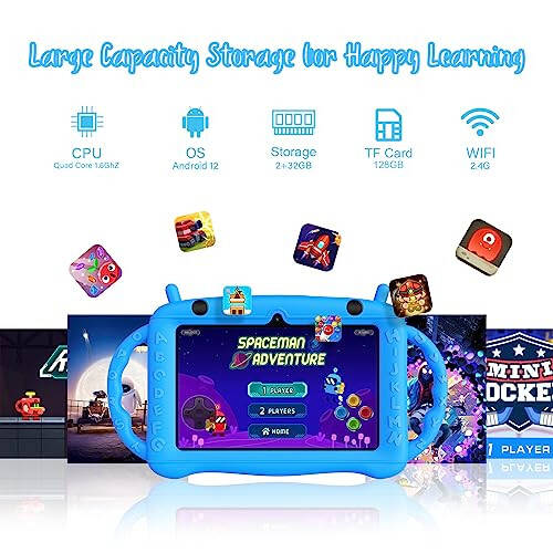 Kids Tablet 7inch Android 12 Tablet for Kids Age 3-12,Quad Core 2+32GB Toddler Tablet with Shock-Proof Case,Parental Control, Pre-Installed Kids Educational APP,HD Screen,Google Play Store YouTube - 3