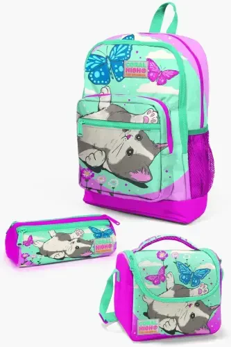 Kids Teal Pink Cat Patterned 3-Piece School Bag Set SET0123707-Teal Pink - 1