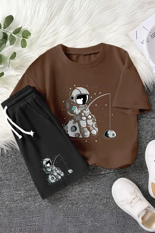 Kids Team Bicycle Collar Elastic Shorts Fish Holding Astronaut Printed Printed 2-Piece Set 12344-Brown - 1