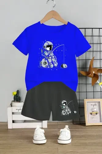 Kids Team Bicycle Collar Elasticated Shorts Astronaut with Fish Print Printed 2-Piece Set 12344-SAX - 1