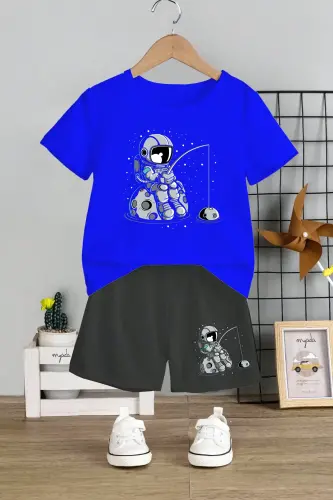 Kids Team Bicycle Collar Elasticated Shorts Astronaut with Fish Print Printed 2-Piece Set 12344-SAX 