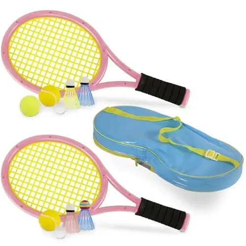 Kids Tennis Rackets with Carrying Bag,Soft Training Balls and Badminton Birdies,12 in 1 Tennis Racquets Gift Set for Children Outdoor Indoor Sports - 1