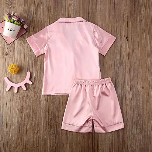 Kids Toddler Baby Girl Boy Satin Pajamas Set Short Sleeve Button Down Pajama Shirt Top+Shorts Bottoms Sleepwear Outfits - 2