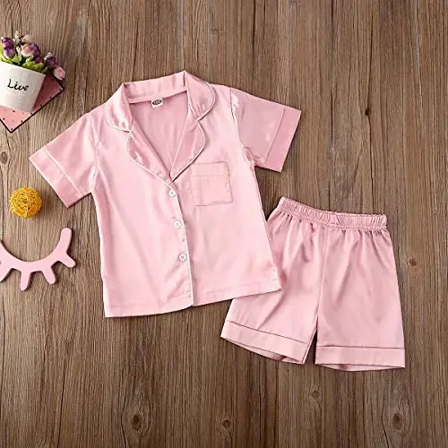 Kids Toddler Baby Girl Boy Satin Pajamas Set Short Sleeve Button Down Pajama Shirt Top+Shorts Bottoms Sleepwear Outfits - 3