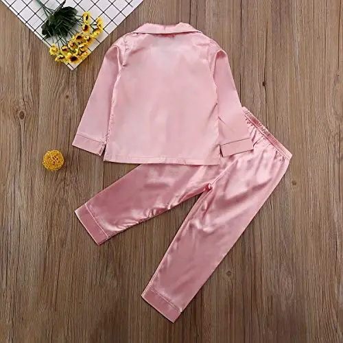 Kids Toddler Baby Girl Boy Satin Pajamas Set Short Sleeve Button Down Pajama Shirt Top+Shorts Bottoms Sleepwear Outfits - 3