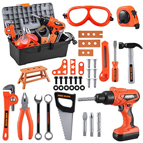 Kids Tool Set - Zealous 45 pcs Toddler Tool Set with Tool Box & Electronic Toy Drill, Pretend Play Kids Toys, Toy Construction Tools for Kids Ages 3,4,5,6,7,8 Years Old (A-Orange) - 3