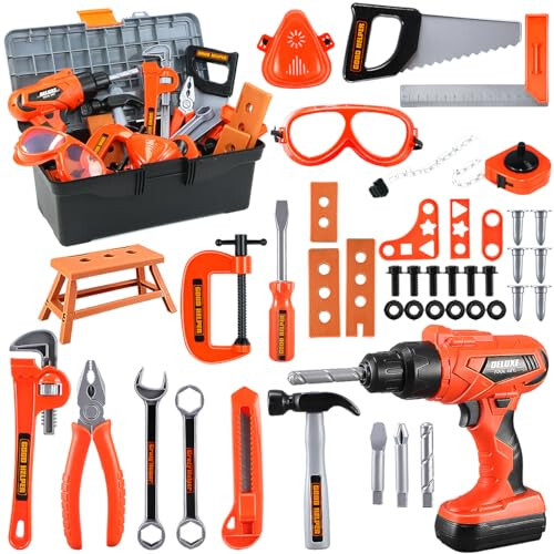 Kids Tool Set - Zealous 45 pcs Toddler Tool Set with Tool Box & Electronic Toy Drill, Pretend Play Kids Toys, Toy Construction Tools for Kids Ages 3,4,5,6,7,8 Years Old (A-Orange) - 1