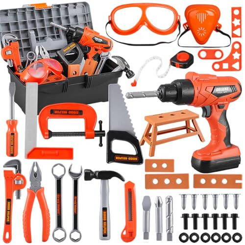 Kids Tool Set - Zealous 45 pcs Toddler Tool Set with Tool Box & Electronic Toy Drill, Pretend Play Kids Toys, Toy Construction Tools for Kids Ages 3,4,5,6,7,8 Years Old (A-Orange) - 6