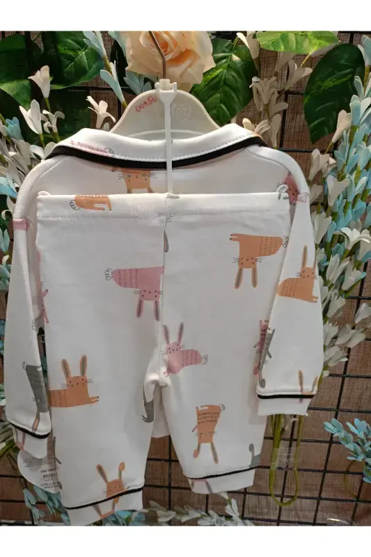 Kids Top and Bottom Button-Up Pajama Set - With Rabbit - 2