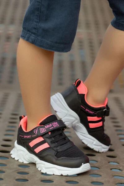 Kids Unisex Black Fuchsia 2 Band Velcro Flexible Lightweight Breathable Mesh Sneaker Sports Shoes - BOUIS