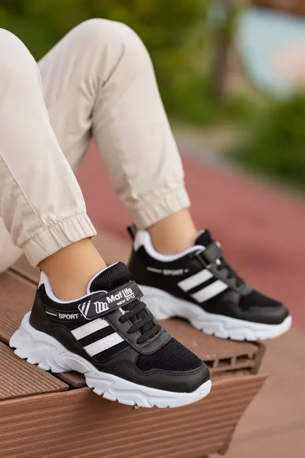 Kids Unisex Black White 2 Band Velcro Flexible Lightweight Breathable Mesh Sneaker Sports Shoe - 8