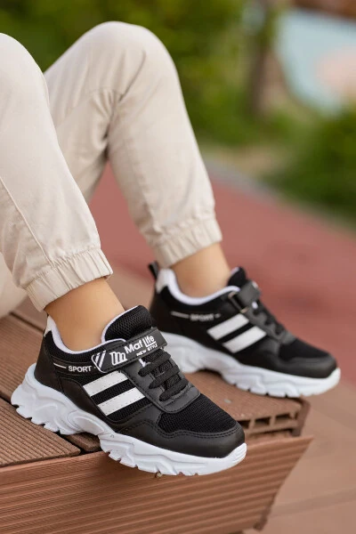 Kids Unisex Black White 2 Band Velcro Flexible Lightweight Breathable Mesh Sneaker Sports Shoe - BOUIS