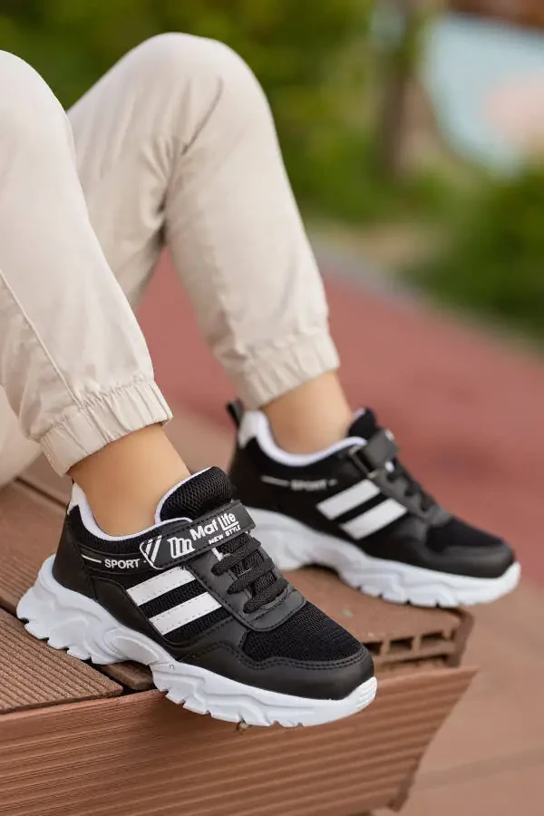 Kids Unisex Black White 2 Band Velcro Flexible Lightweight Breathable Mesh Sneaker Sports Shoe - 1