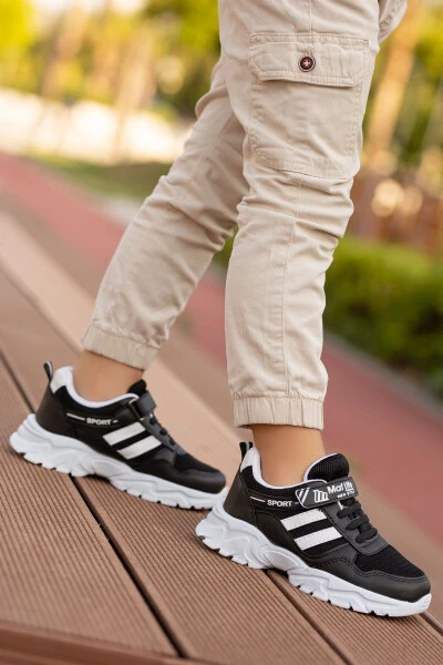 Kids Unisex Black White 2 Band Velcro Flexible Lightweight Breathable Mesh Sneaker Sports Shoe - 3