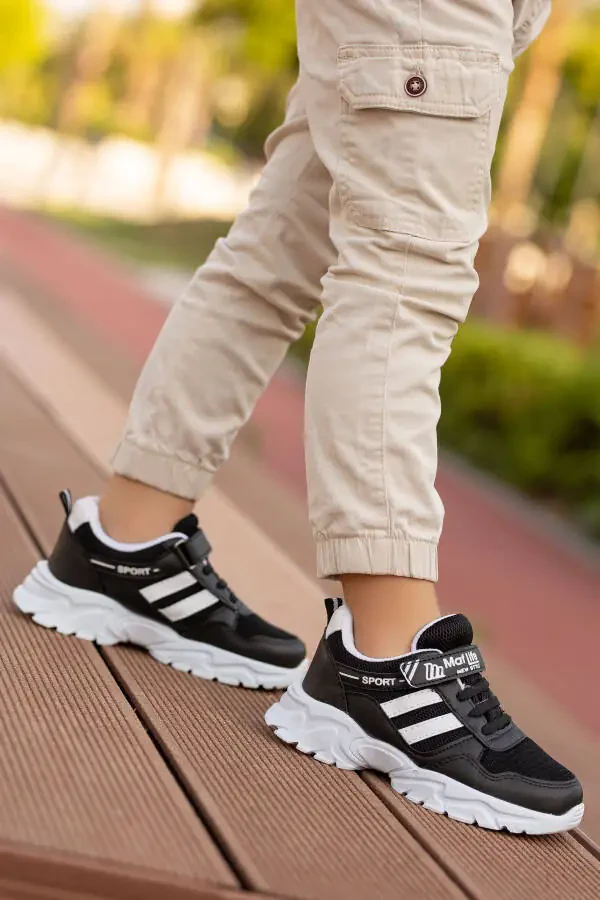 Kids Unisex Black White 2 Band Velcro Flexible Lightweight Breathable Mesh Sneaker Sports Shoe - 3