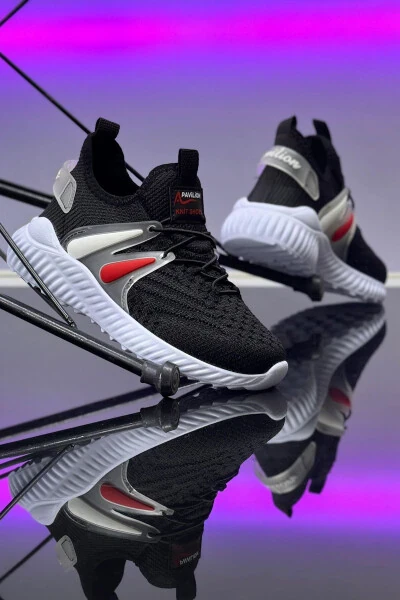 Kids Unisex Everyday Black White Elastic Comfortable Breathable Knit Flexible Lightweight Sneaker Sports Shoes - BOUIS