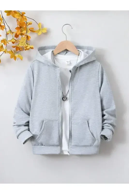 Kids' Unprinted Zippered Cardigan/Jacket-gray - 1
