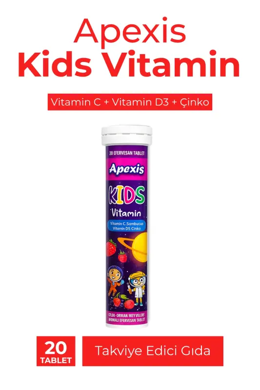 Kids Vitamin Raspberry and Strawberry Flavored 22 Effervescent Tablets - APEXIS