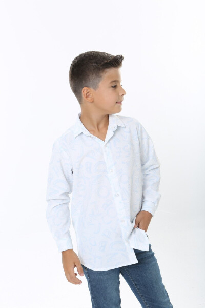 Kids White Waffle Fabric Blue Letter Patterned Shirt - 1